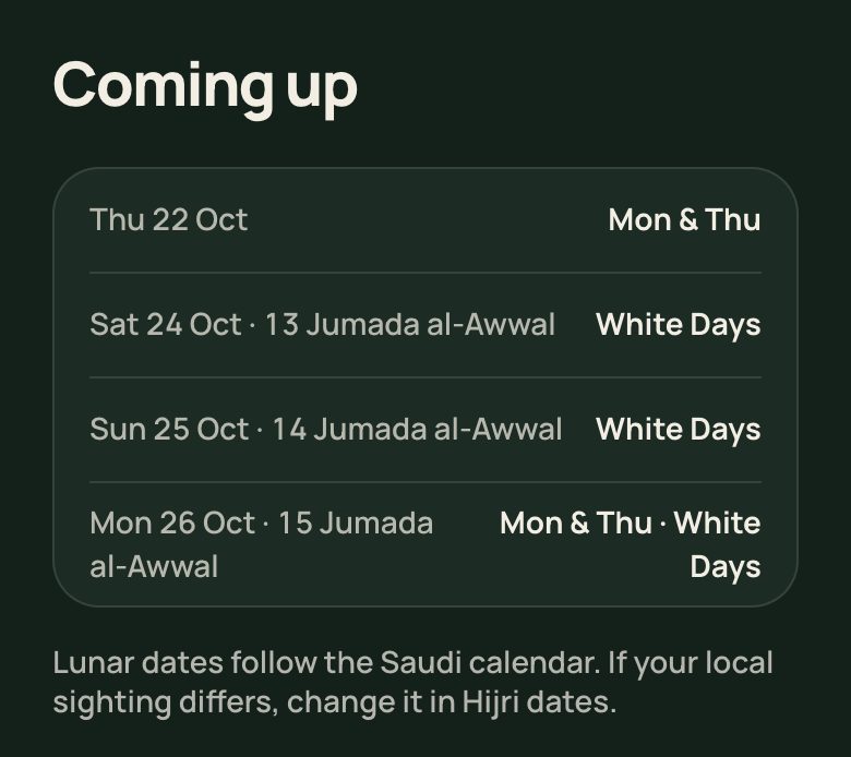 The RizqMeals fasting screen: a schedule of Mondays and Thursdays and the White Days, and the next fasts it falls on, each with its date.