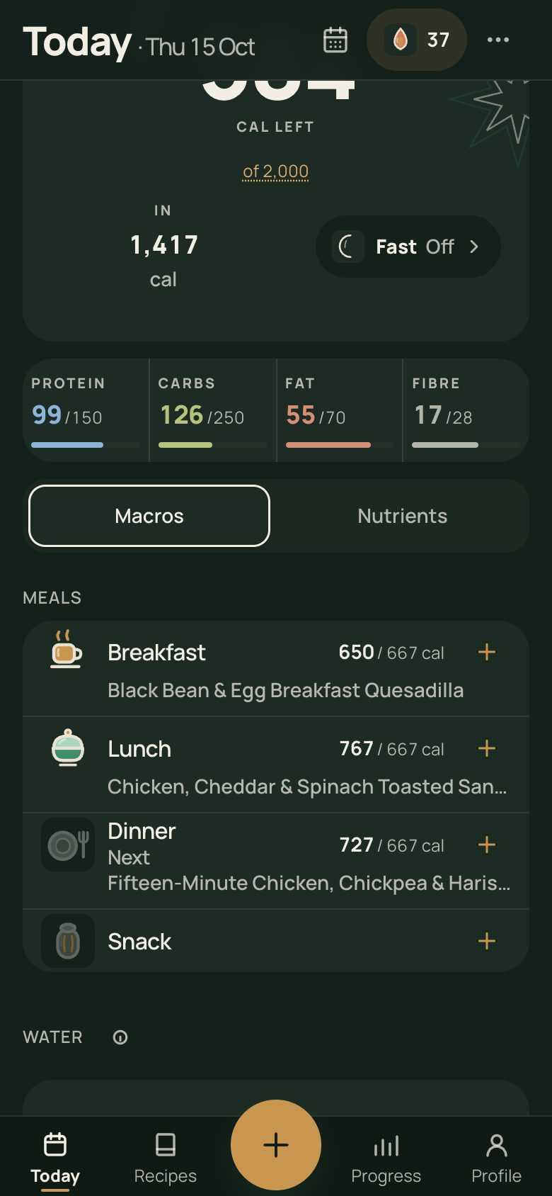 The Today screen: calories and macros so far, then breakfast, lunch and dinner planned: Black Bean & Egg Breakfast Quesadilla; Chicken, Cheddar & Spinach Toasted Sandwich; Fifteen-Minute Chicken, Chickpea & Harissa Skillet.