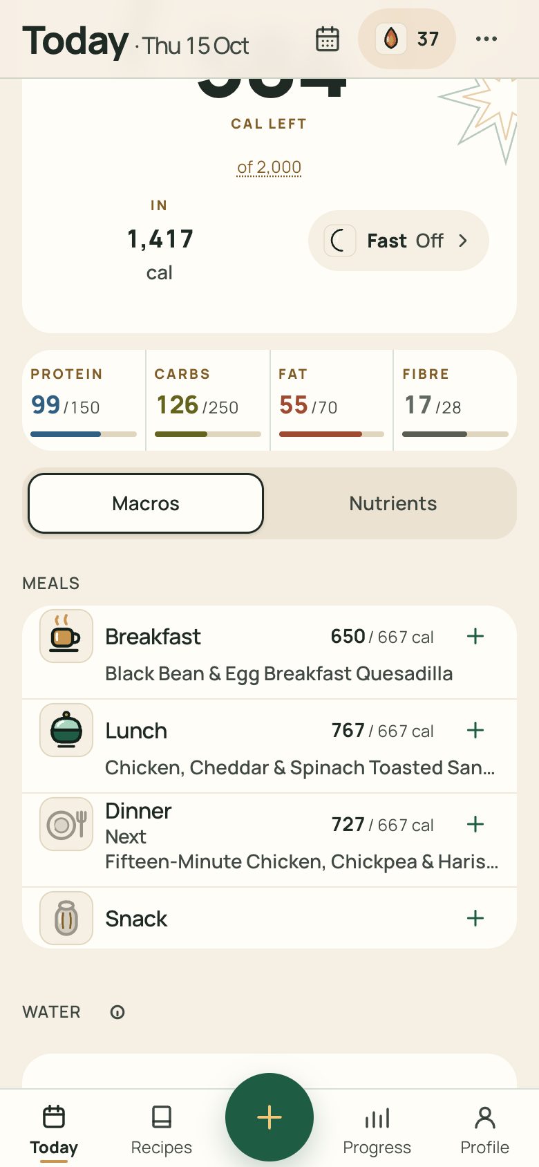 The Today screen: calories and macros so far, then breakfast, lunch and dinner planned: Black Bean & Egg Breakfast Quesadilla; Chicken, Cheddar & Spinach Toasted Sandwich; Fifteen-Minute Chicken, Chickpea & Harissa Skillet.